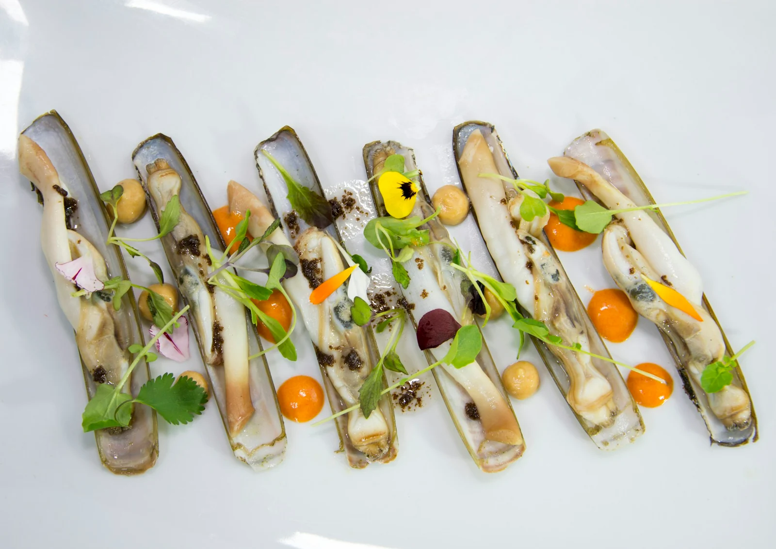 Marisco a la plancha en un plato blanco